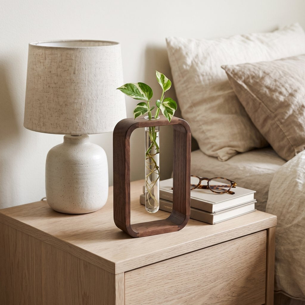 Dark brown wood frame vase with a glass tube holding a leafy green cutting on a light wood nightstand beside a lamp with a linen shade, a stack of books with glasses and a bed with beige linens