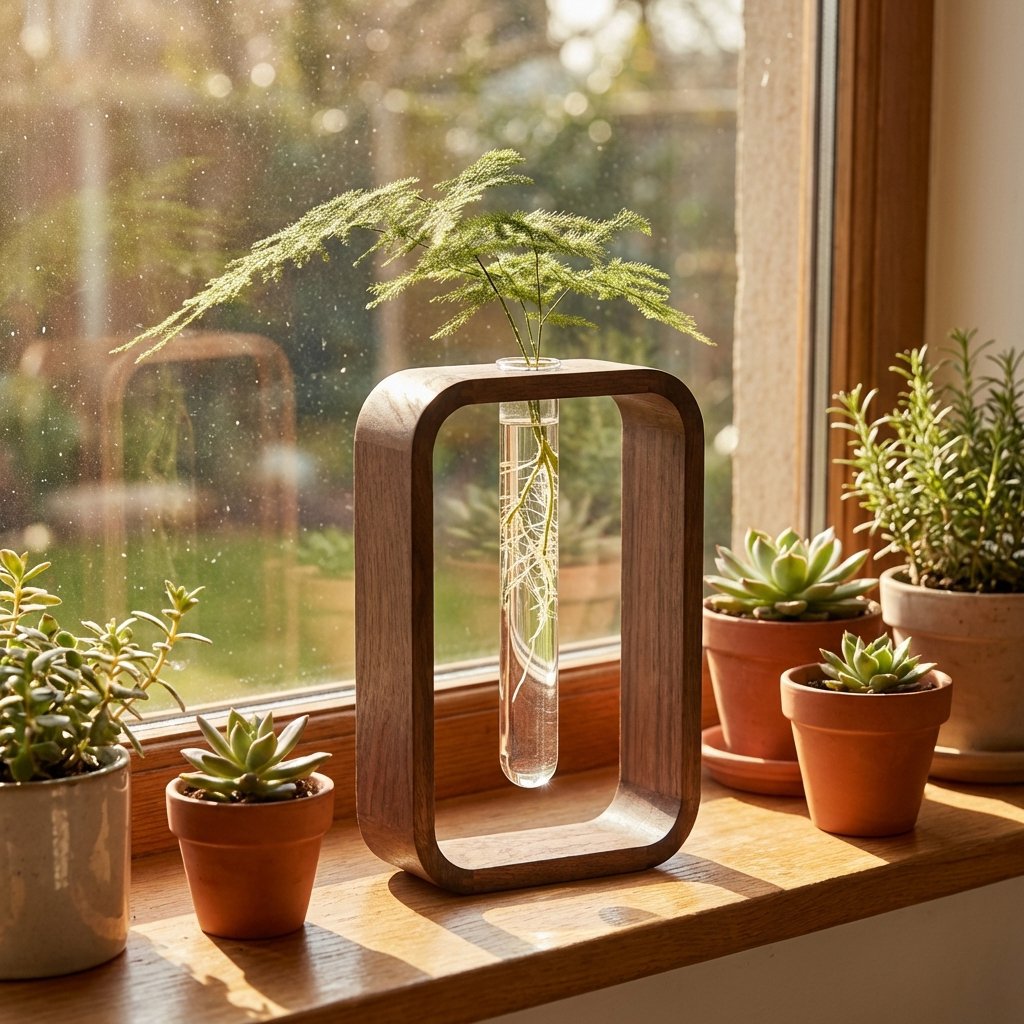 Dark brown wood frame vase with a glass tube holding a feathery green sprig on a wood windowsill among small potted plants in terracotta and grey pots, with a sunlit garden outside