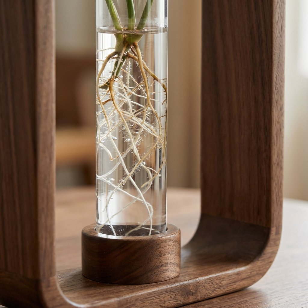Close-up of the water-filled glass tube in a dark brown wood frame vase, showing white and tan roots growing from a green cutting above a round wood base