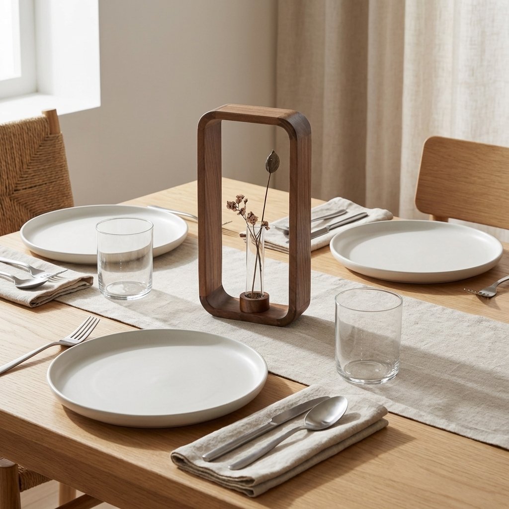 Tall dark brown wood frame vase with a glass tube holding dried stems on a linen table runner on a light wood dining table set with white plates, folded napkins, cutlery and water glasses