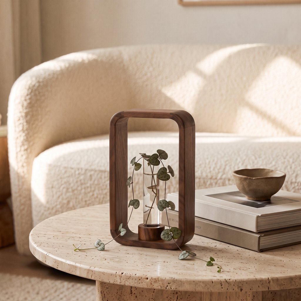 Dark brown wood frame vase with a glass tube holding a trailing vine with small round green leaves on a round pale stone-look coffee table with stacked books and a small bowl, in front of a cream boucle sofa