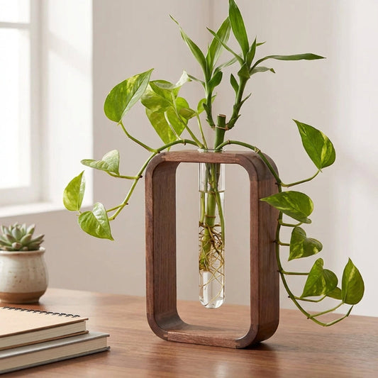 Wooden frame with clear vase holding a green plant on a wooden surface.