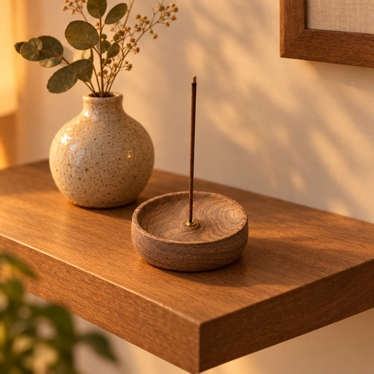Round wood incense holder with a lit incense stick on a wooden wall shelf beside a speckled ceramic vase with eucalyptus stems
