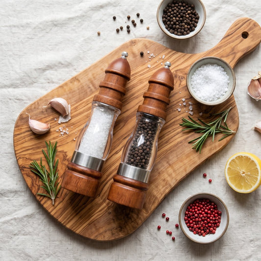 Wood salt mill and pepper mill with clear glass bodies on an olive wood board with garlic, rosemary, lemon, and small bowls of salt, black peppercorns and pink peppercorns on a linen cloth