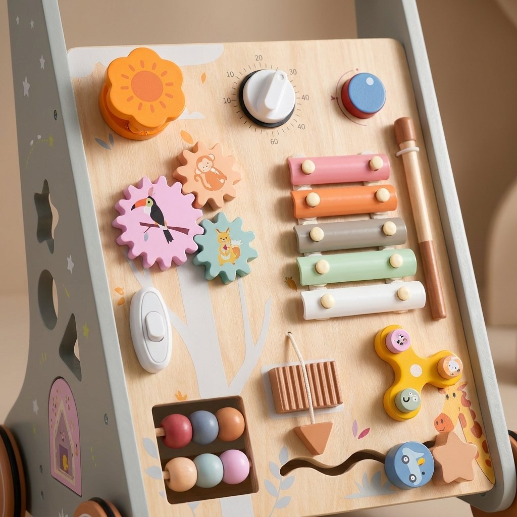 A wooden sensory and motor play table with colorful interactive toys, including gears, a xylophone, fidget spinner, beads, and a moon face button, shown in a warm beige room setting.