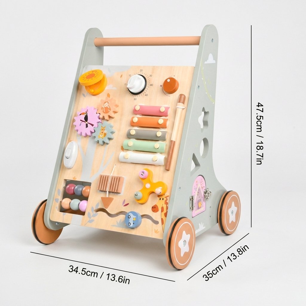 A wooden activity walker with a light natural wood panel, pale gray frame, and multicolored toy accessories, shown on a white background with dimension lines and text indicating 34.5cm width, 35cm depth, and 47.