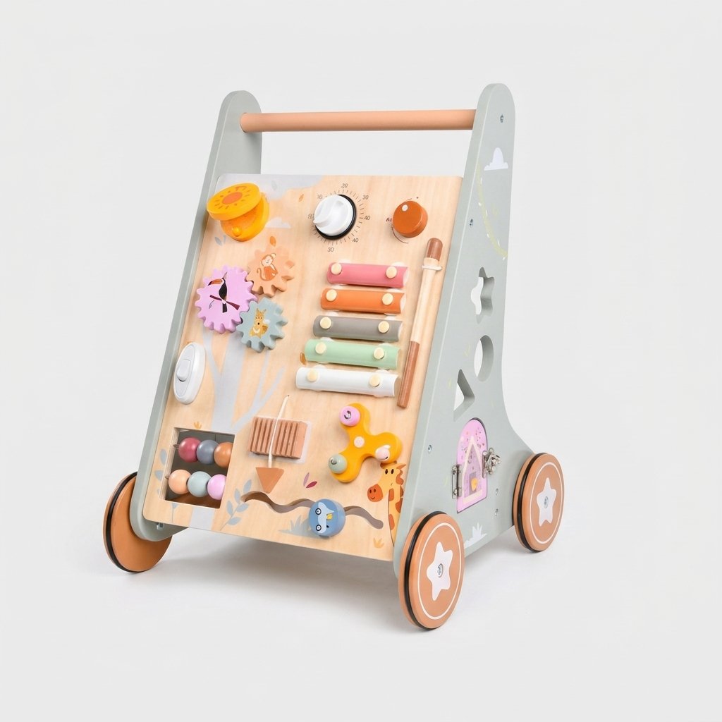 A wooden activity walker toy with a light natural wood panel, gray side frame, and orange-brown wheels, featuring colorful toy accessories including a xylophone, gears, beads, and a small pink door.