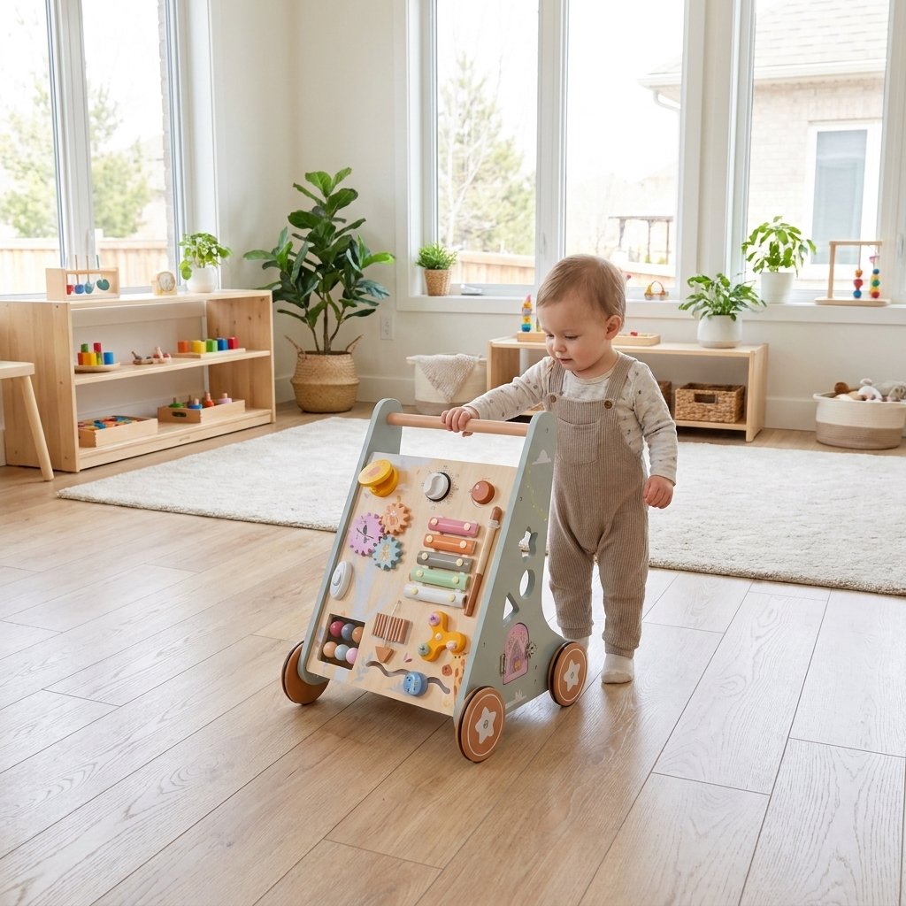 A toddler in beige overalls pushes a light wood activity walker with colorful toys and handles in a bright, modern playroom with large windows and wooden floors.