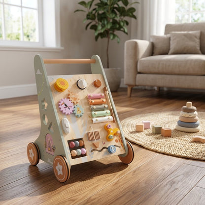 A wooden activity walker toy with colorful interactive pieces, shown in a bright, modern nursery setting on a hardwood floor.