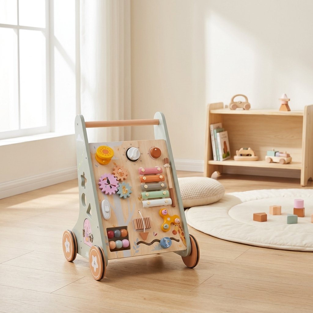 A wooden baby activity walker with colorful sensory buttons and hanging toys, shown in a bright, modern nursery room next to a window.