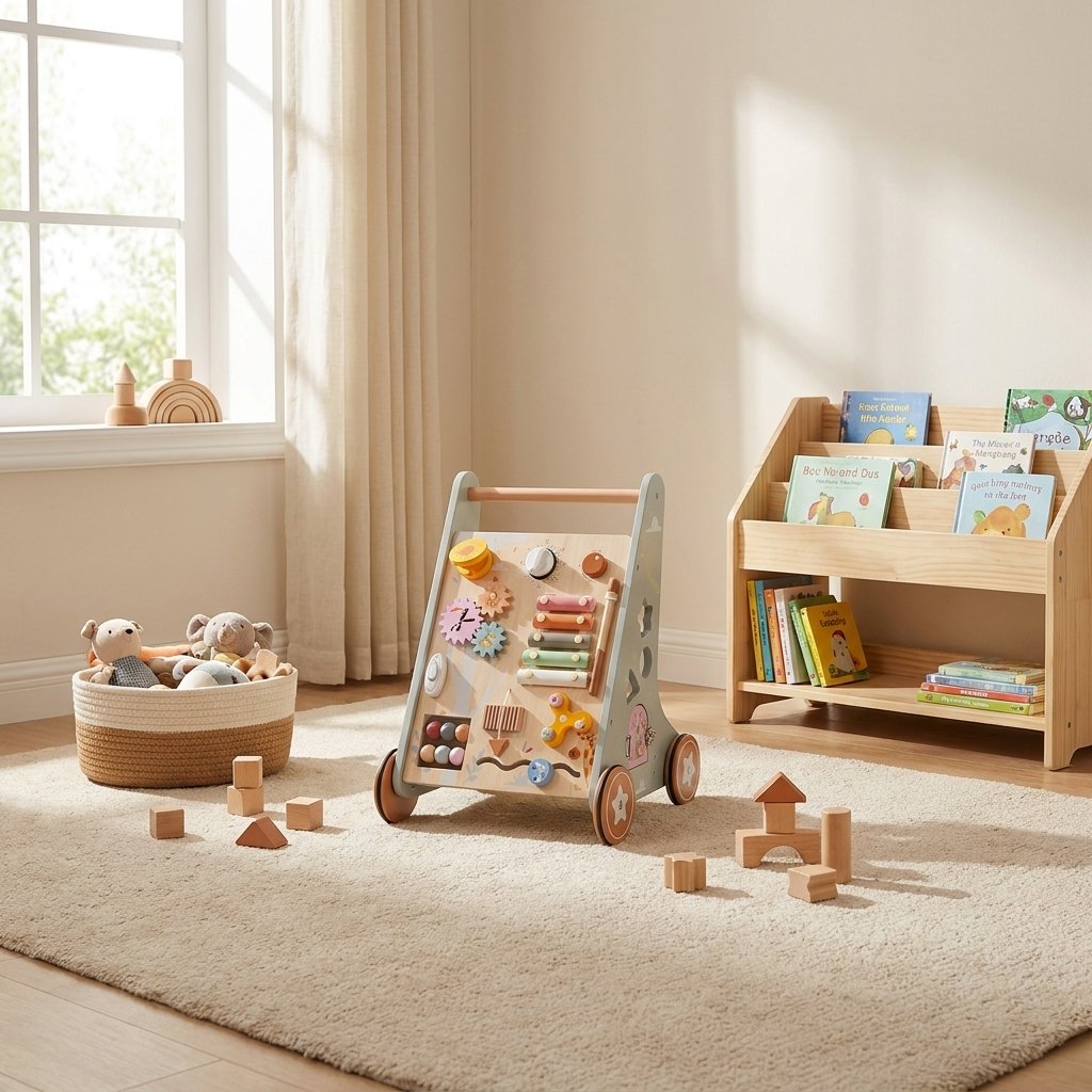 A wooden activity walker with colorful peg and shape toys, styled in a bright, sunlit children's room next to a bookshelf and toy basket.