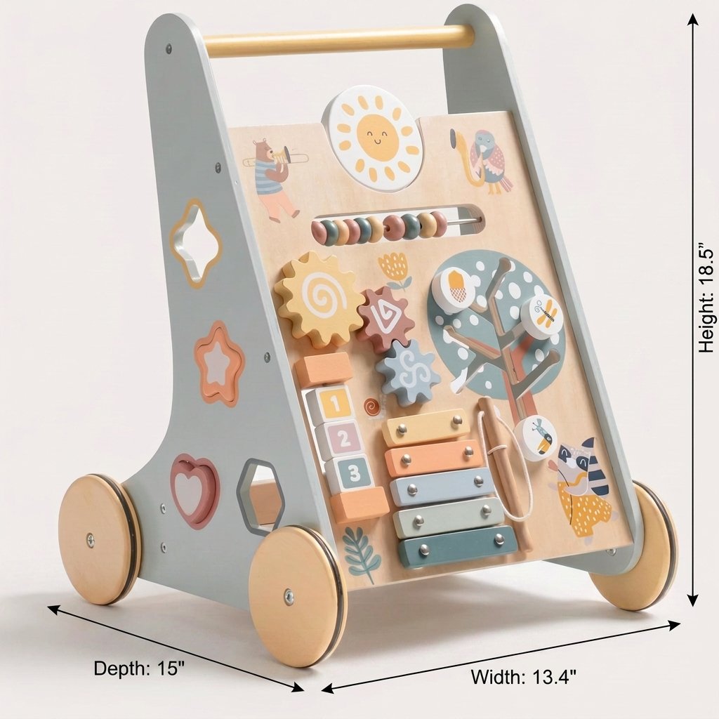 Wooden Baby Walker with Activity Center dimensions — 18.5" height, 13.4" width, 15" depth