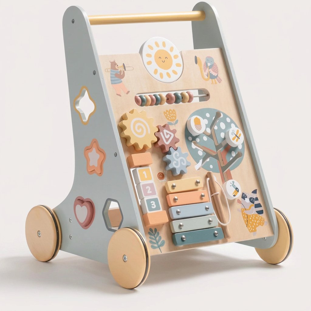 Grey Wooden Baby Walker with Activity Center — wooden push walker toy for babies and toddlers
