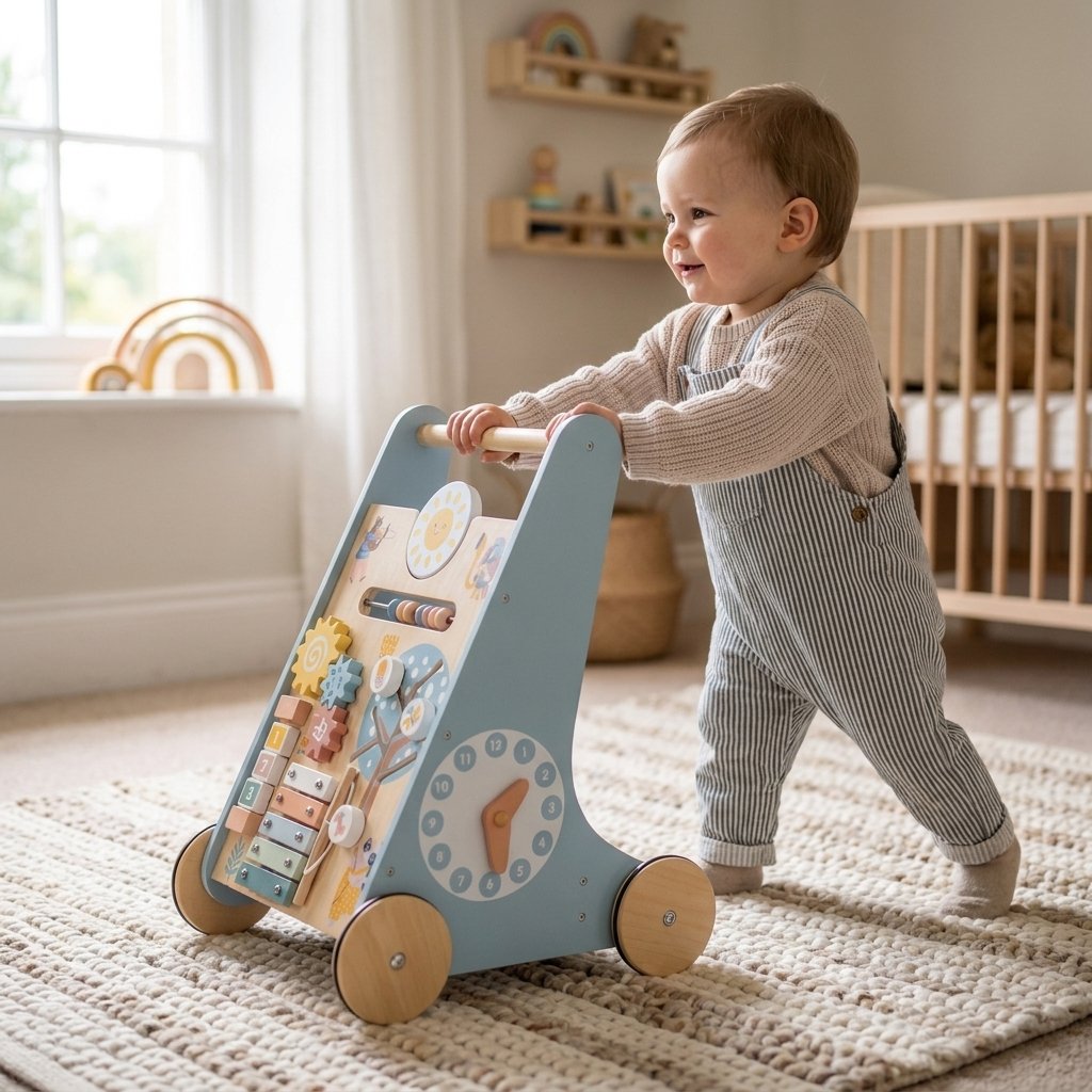 Toddler pushing the grey Wooden Baby Walker with Activity Center in a nursery