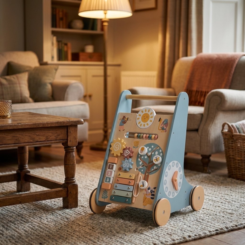 Grey Wooden Baby Walker with Activity Center styled in a cozy traditional living room