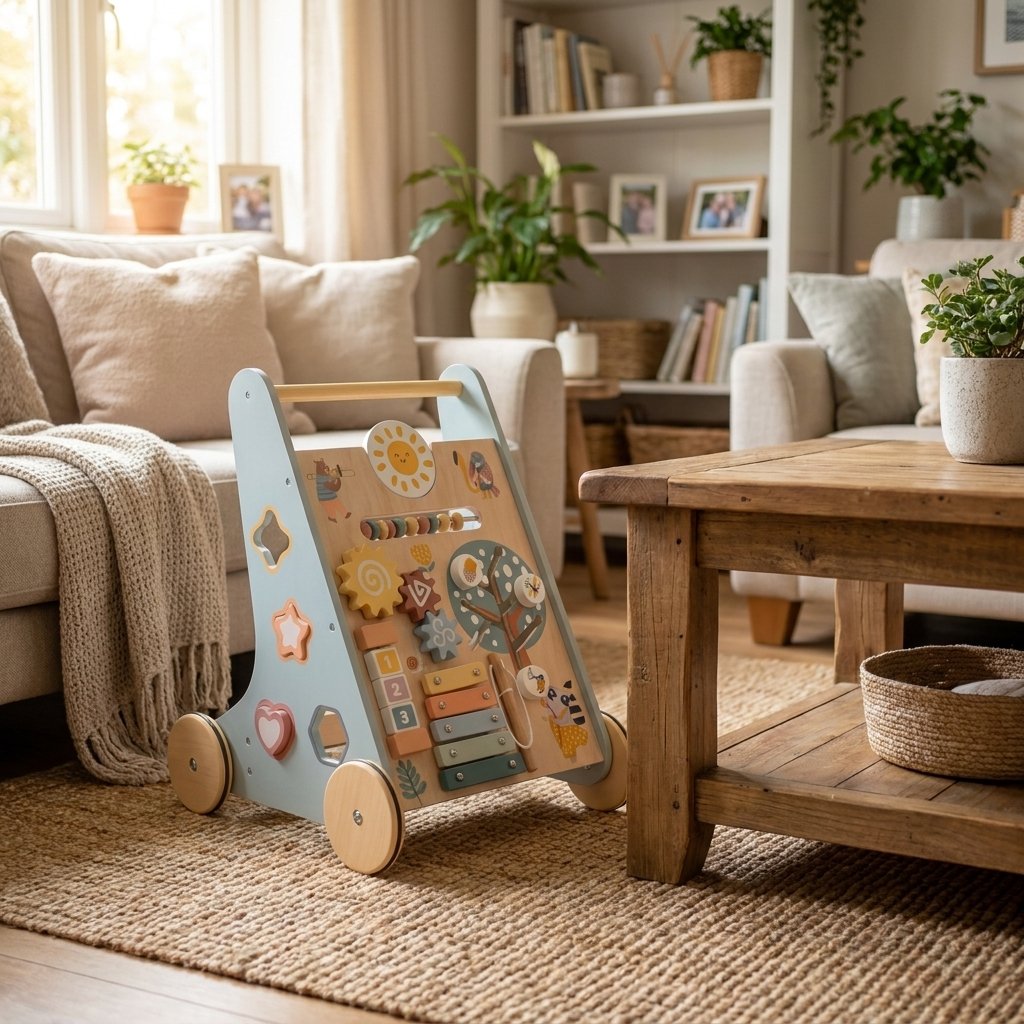 Grey Wooden Baby Walker with Activity Center beside a wooden coffee table in a cozy living room