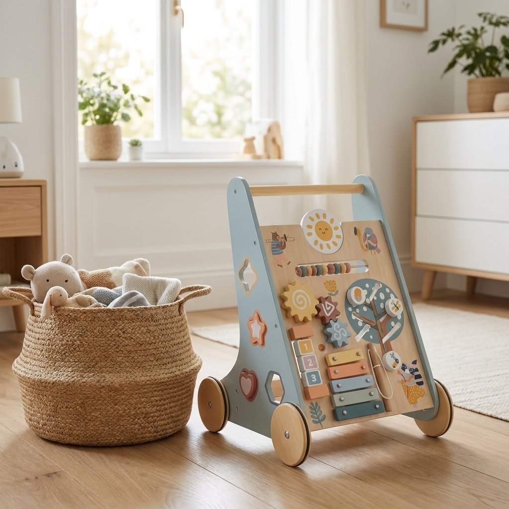 Grey Wooden Baby Walker with Activity Center next to a woven toy storage basket in a nursery