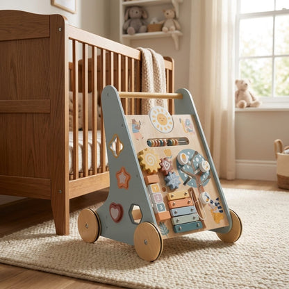 Grey Wooden Baby Walker with Activity Center beside a wooden crib in a sunlit nursery