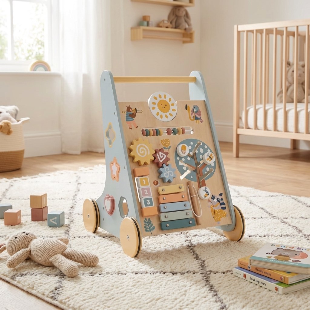 Grey Wooden Baby Walker with Activity Center styled in a sunlit nursery with bookshelf and plants