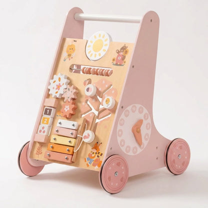 Pink Wooden Baby Walker with Activity Center — wooden push walker toy for babies and toddlers