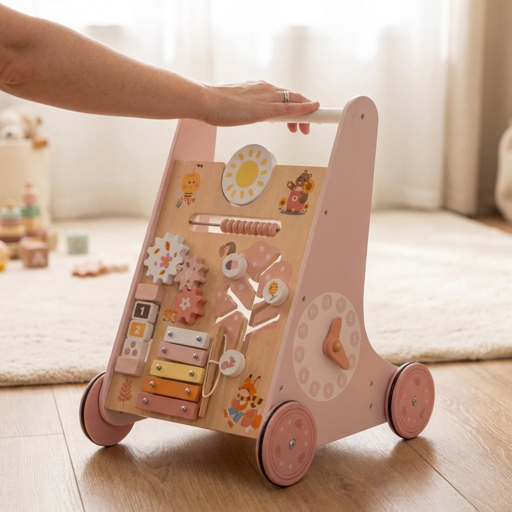 Close-up of a hand pushing the pink Wooden Baby Walker with Activity Center