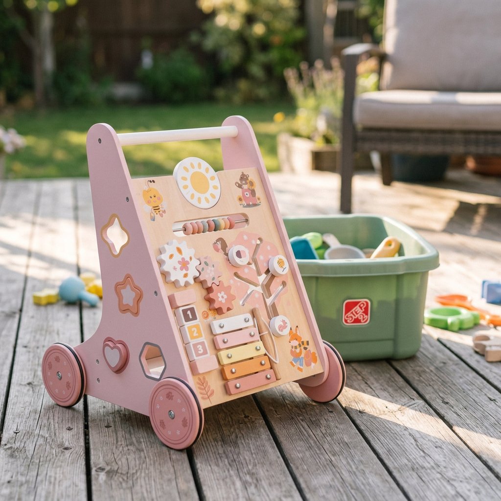 Pink Wooden Baby Walker with Activity Center on an outdoor patio deck with a toy storage bin