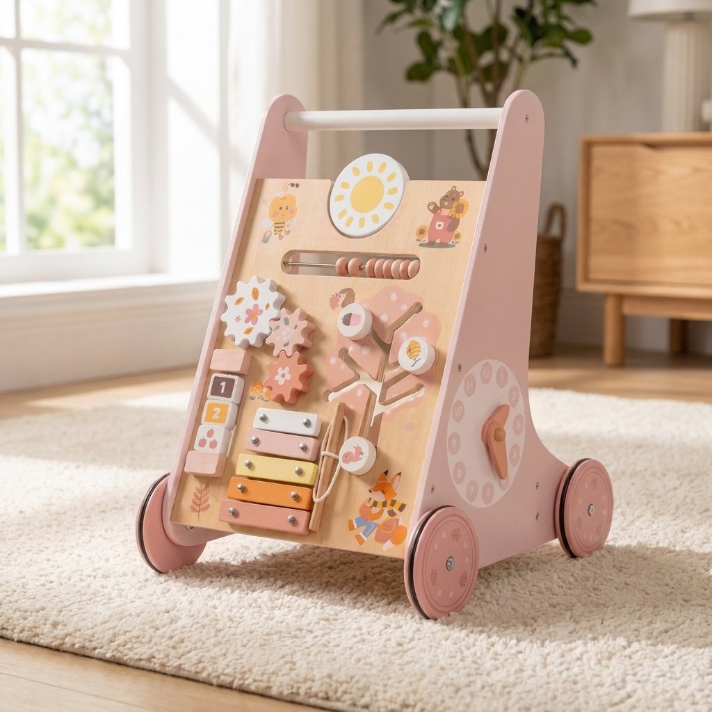 Pink Wooden Baby Walker with Activity Center on a cream rug in a bright bedroom