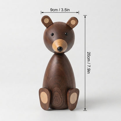Large wooden bear figurine with arrows showing its height of 20 cm and width of 9 cm