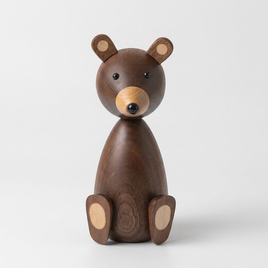 Large walnut-finish wooden bear figurine with a pale muzzle and ear inlays on a plain light background