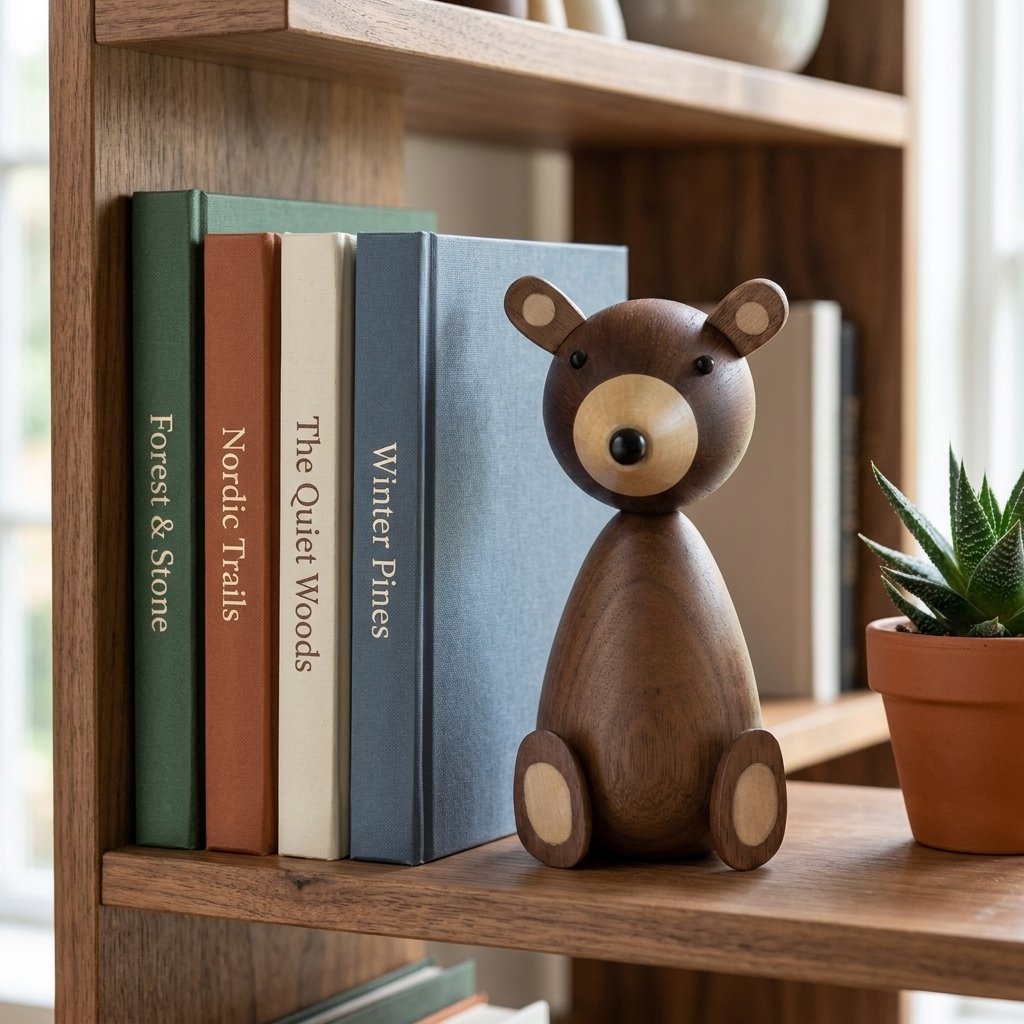 Large wooden bear figurine used as a bookend beside four hardcover books and a small succulent on a shelf