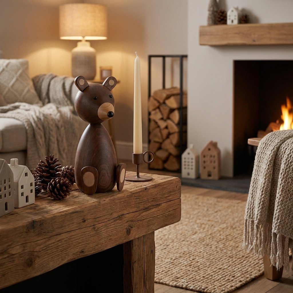 Wooden bear figurine on a rustic wood table with pinecones and a candle in front of a lit fireplace