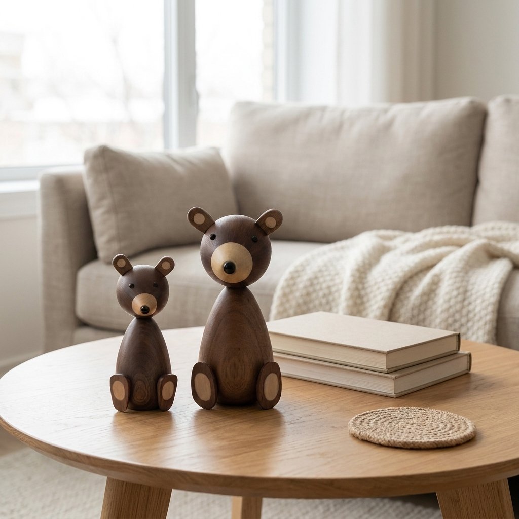 Small and large wooden bear figurines on a round oak coffee table with stacked books in a bright living room