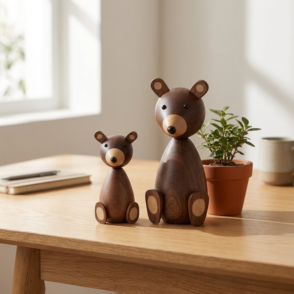 Small and large wooden bear figurines on an oak desk beside a notebook, pen, and potted herb