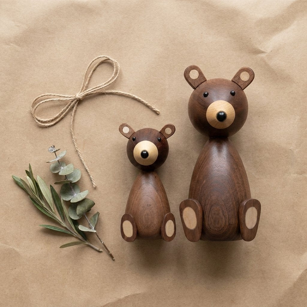 Overhead view of small and large wooden bear figurines on kraft paper with twine and a eucalyptus sprig