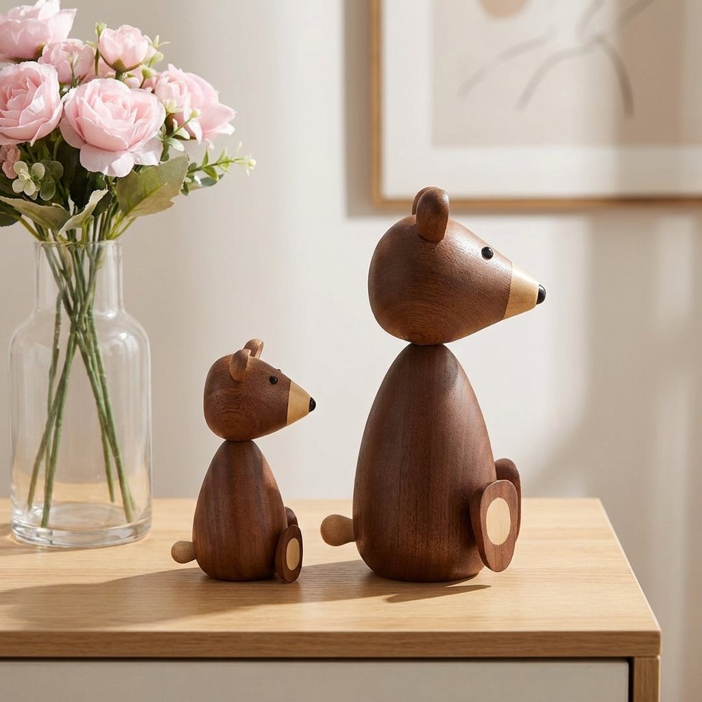 Small and large wooden bear figurines in side profile on a light oak side table beside a vase of pink peonies