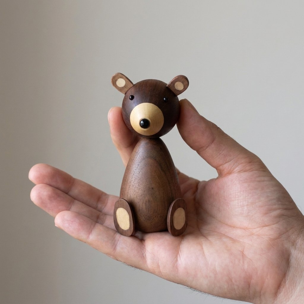 Hand holding a small wooden bear figurine with a pale muzzle and ear inlays against a plain wall
