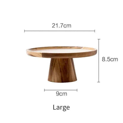 Wooden Cake Stand in size large, with measurements labeled as 21.7 cm in diameter and 8.5 cm in height, highlighting its spacious surface area.