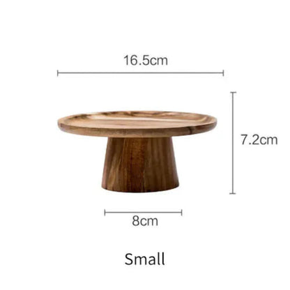 Wooden Cake Stand in size small, with measurements labeled as 16.5 cm in diameter and 7.2 cm in height, showcasing its compact design.