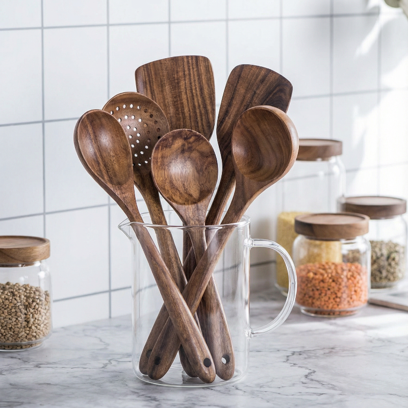 Smooth acacia wood utensil handle with hanging hole