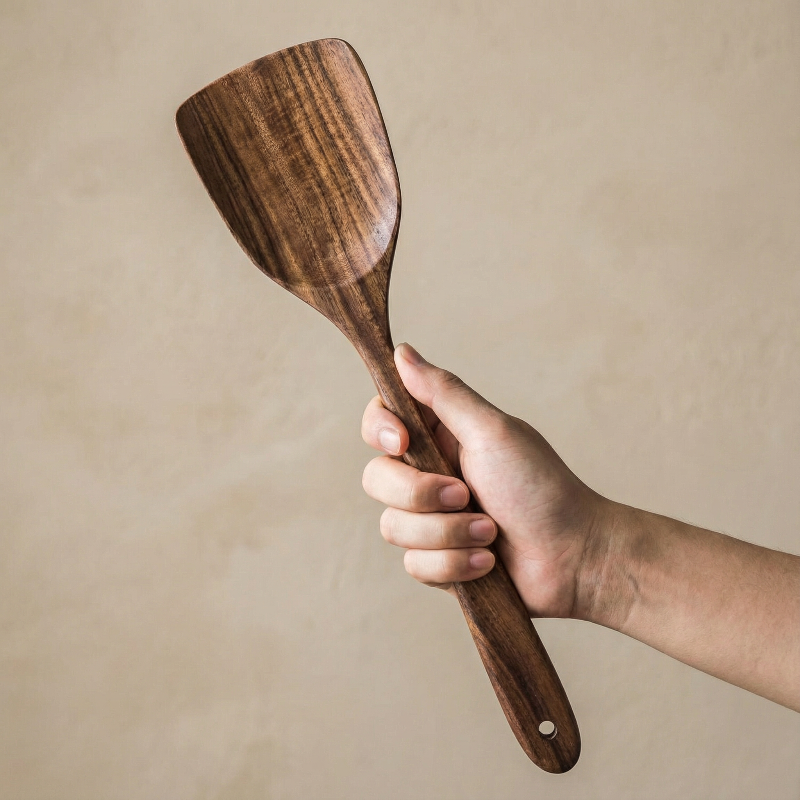 Close-up of smooth natural wood grain on kitchen utensils