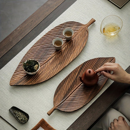 Walnut Leaf Tea Tray with tea cups and teapot – A beautifully arranged walnut tray featuring tea cups and a teapot, showcasing its elegant design for tea service.