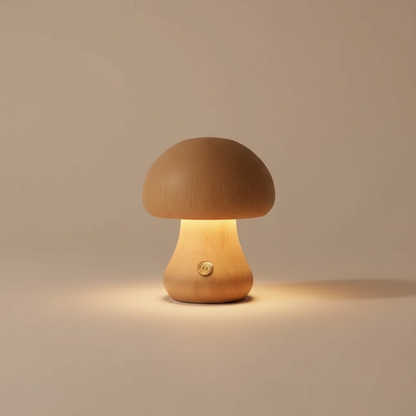 Mushroom-shaped lamp emitting a warm glow on a beige background