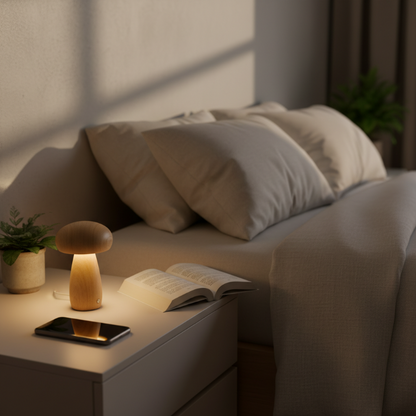 Cozy bedroom scene with a nightstand, lamp, book, and smartphone.