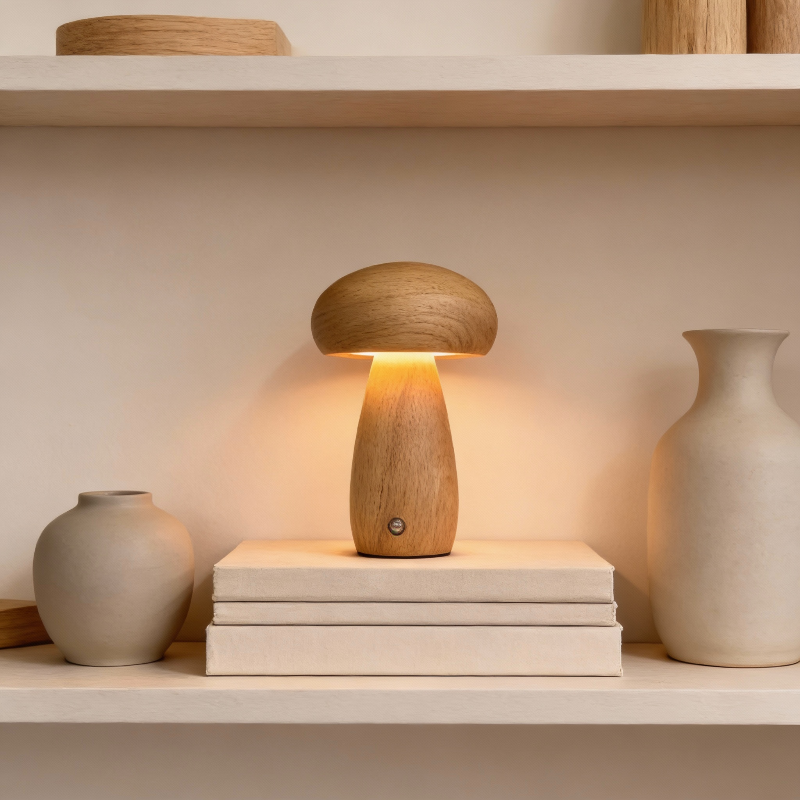 Wooden lamp on a stack of books with vases on a shelf in the background