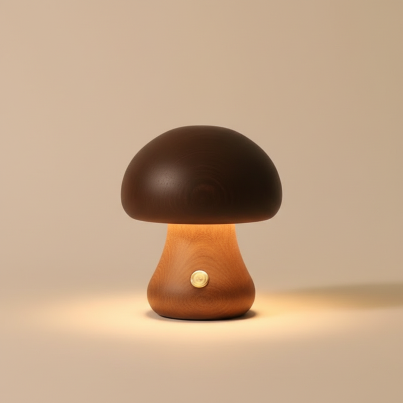 Mushroom-shaped lamp with a warm glow on a beige background