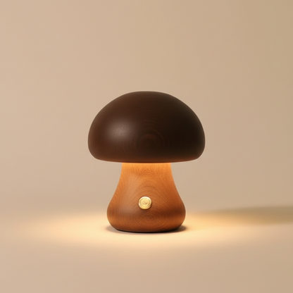 Mushroom-shaped lamp with a warm glow on a beige background