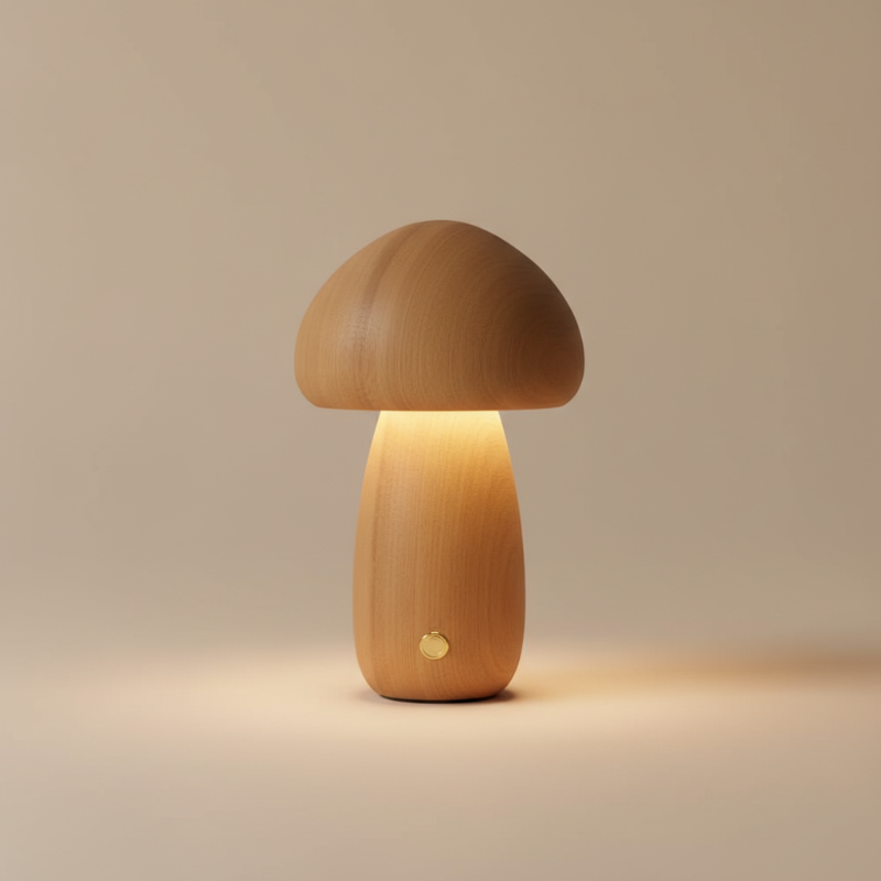 Wooden mushroom-shaped lamp on a beige background