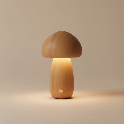 Wooden mushroom-shaped lamp on a beige background
