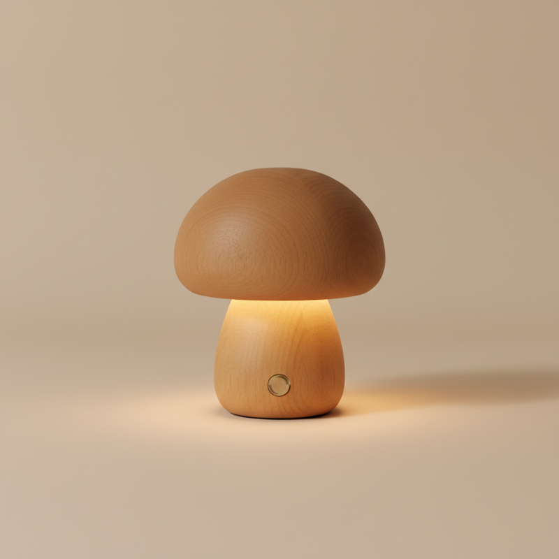 Wooden mushroom-shaped lamp on a beige background