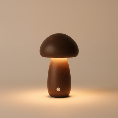 Mushroom-shaped lamp emitting a warm glow on a beige background